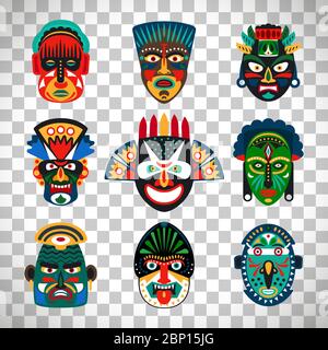 Masques colorés indiens ou africains isolés sur fond transparent. Illustration vectorielle Illustration de Vecteur