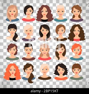 Illustration vectorielle de l'avatar de la femme. Magnifique portrait de jeunes filles avec différents styles de cheveux isolés sur fond transparent Illustration de Vecteur