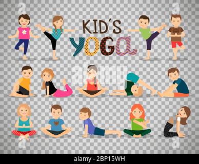 Les jeunes enfants de différentes poses de yoga sont isolés sur fond transparent. Illustration vectorielle Illustration de Vecteur