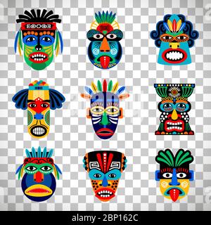 Icônes vectorielles de masque Zulu ou aztec. Masques guerriers indiens mexicains inca isolés sur fond transparent Illustration de Vecteur