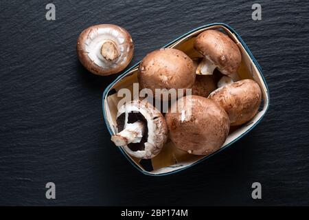 Helahy Food concept champignons Cremini-bruns bio sur fond de tableau d'ardoise noire avec espace de copie Banque D'Images