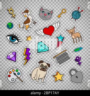 Patchs mode originaux avec animaux, diamants, coeurs et clés isolés sur fond transparent. Illustration vectorielle Illustration de Vecteur