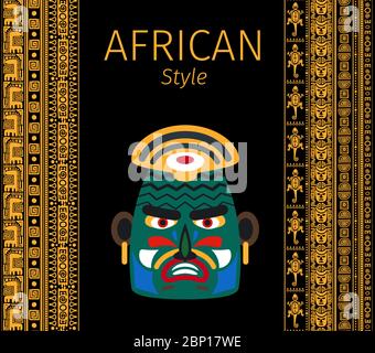 Motif vectoriel de symboles de masque et de bordures jaunes africaines Illustration de Vecteur