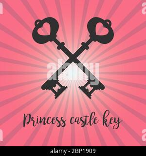 Silhouette vintage de clés croisées sur fond rose avec texte de clé de château de princesse. Illustration vectorielle Illustration de Vecteur