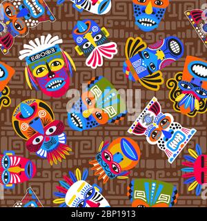 Motif tribal brun sans couture avec masques et spirales géométriques stylées, illustration vectorielle Illustration de Vecteur