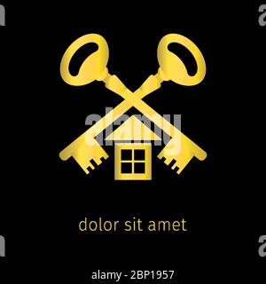 Ancienne clé vintage et logo maison dans la couleur dorée, illustration vectorielle Illustration de Vecteur
