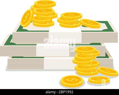 Pile d'argent liquide isolée sur fond blanc. Illustration vectorielle de tas de liasses de billets en dollars et de piles de pièces Illustration de Vecteur