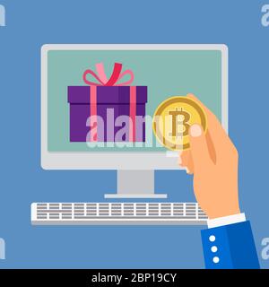 Acheter des produits en ligne par bitcoin. Homme d'affaires tenant le bitcoin, illustration vectorielle Illustration de Vecteur