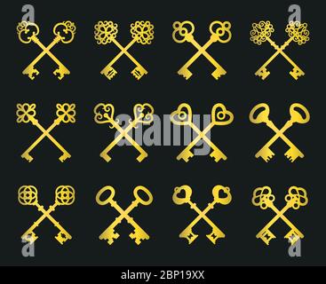 Ancien jeu de clés isolé sur fond noir dans des couleurs dorées. Clés croisées en or Vector vintage pour un logo ou des panneaux d'accès à la porte sûrs Illustration de Vecteur