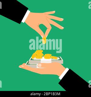 Homme d'affaires tient des pièces et des billets. Illustration du vecteur de don ou de comptage d'argent Illustration de Vecteur