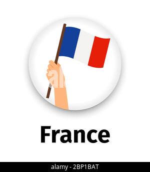 Drapeau de France en main, icône ronde avec ombre isolée sur blanc. Indicateur de main humaine Illustration de Vecteur