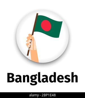 Drapeau du Bangladesh en main, icône ronde avec ombre isolée sur blanc. Indicateur de main humaine, illustration vectorielle Illustration de Vecteur