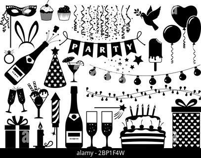 Icônes de fête en noir sur fond blanc. Gâteau d'anniversaire et drapeaux, cadeau et serpentin, verres à boire et chapeaux de fête, icônes vectorielles Illustration de Vecteur
