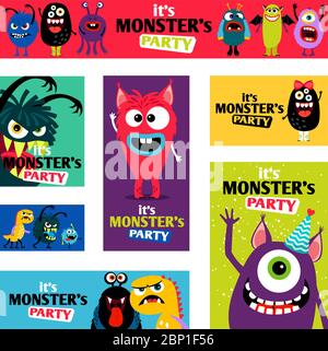 Ensemble de bannières monstres ou étiquettes Monster pour enfants dessin de journal illustration vectorielle Illustration de Vecteur