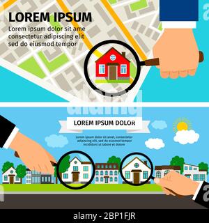 Concept de recherche de maison. Loupe avec illustration de la maison et du vecteur de carte Illustration de Vecteur