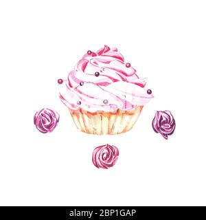 Illustration peinte à la main de gâteau aquarelle isolée sur fond blanc. Collection de bonbons aquarelle. Parfait pour les cartes, les tirages, les invitations et les anniversaires Banque D'Images