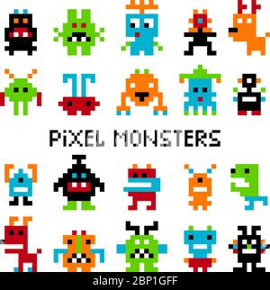 Envahisseurs de pixels. Vecteur ordinateur pixel espace ou cosmique invader set graphiques pour le jeu vidéo d'arcade vintage Illustration de Vecteur