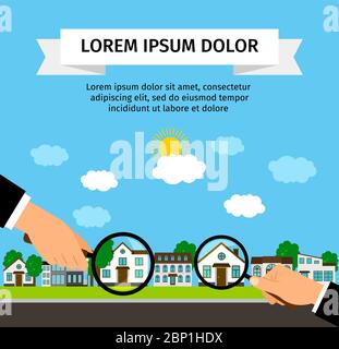 Recherche maison avec bannière loupe concept, illustration vectorielle Illustration de Vecteur