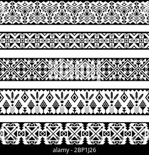 Rayures ethniques. Bordures de motifs géométriques sans couture mexicains tribaux noirs et blancs isolés sur fond blanc Illustration de Vecteur