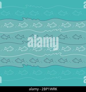Illustration du motif de poissons sous l'eau et des vagues sur fond bleu turquoise. Motif marin carré sans couture sur un thème nautique. Illustration de Vecteur