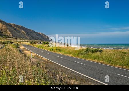 Cape Palliser Road, près de te Humenga point, côte sud de Wairarapa, baie Palliser, détroit Cook, région de Wellington, Île du Nord, Nouvelle-Zélande Banque D'Images