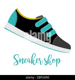 Chaussures avec sneaker texte magasin isolé sur fond blanc, illustration vectorielle Illustration de Vecteur