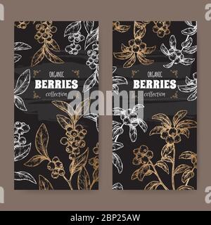 Ensemble de deux étiquettes noires avec le dessin de branche de myrtille alias Vaccinium corymbosum et Cranberry aka Vaccinium oxycoccos. Illustration de Vecteur