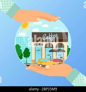 Concept d'affaires pour l'ouverture de l'institution du café. Une femme tient une boule de verre avec ses mains, illustration vectorielle Illustration de Vecteur
