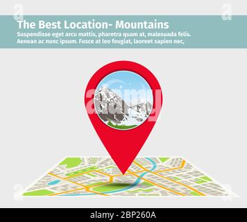 Le meilleur emplacement en montagne. Pointez sur la carte avec l'illustration du bâtiment, vecteur Illustration de Vecteur