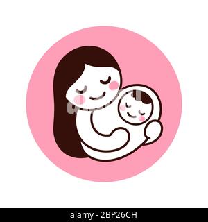 Joli dessin simple de maman tenant bébé. Gribouille dessinée à la main de la femme avec un nouveau-né. Illustration d'un clip vectoriel isolé. Illustration de Vecteur