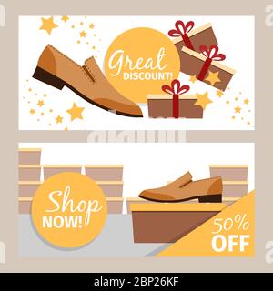 Bannières horizontales pour chaussures homme. Vector été modèle de mode homme magasin de chaussures et de rabais, illustration vectorielle Illustration de Vecteur