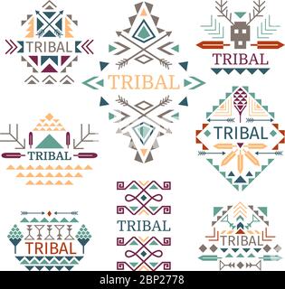 Ensemble de logos tribaux. Motifs vectoriels colorés de la robe de la culture indienne en coton, signes de la nativité et de la tribu isolés sur fond blanc Illustration de Vecteur