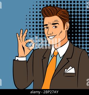 Pop art ok man. Vintage caricature beau jeune homme d'affaires souriant et montrant l'illustration du vecteur de signe correct Illustration de Vecteur
