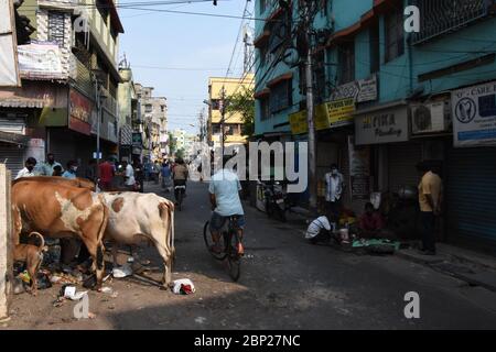 Howrah, Inde. 17 mai 2020. La vie quotidienne le septième dimanche, 54e jour et le dernier jour de la 3e phase de l'isolement national continu à travers l'Inde. Cette zone municipale de Howrah qui a été marquée comme zone de confinement pour ne pas propager le nouveau coronavirus (COVID-19). Les gens ne sont pas autorisés à sortir de la maison pour acheter des aliments et des articles essentiels dans la rue ou sur le marché pour freiner la propagation de COVID-19. (Photo de Biswarup Ganguly/Pacific Press/Sipa USA) crédit: SIPA USA/Alay Live News Banque D'Images