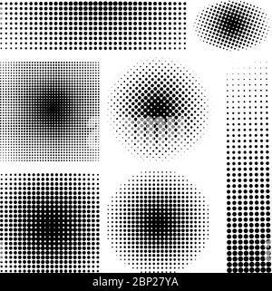 Dégradés de demi-teintes. Motifs de trame de prépresse circulaire et textures de fondu d'impression monochrome vectoriel Illustration de Vecteur