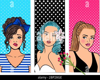 Bannières rétro pour filles. Vector pop art comic lunettes cartes de dame, belle vintage femmes illustration vectorielle Illustration de Vecteur