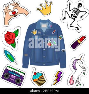 Patches veste en denim. Chemise en Jean mode années 80 ou années 90 avec collection de pièces chic comme la musique rock métallique et le rouge à lèvres, les autocollants princesse et rose couronne Illustration de Vecteur