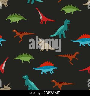 Motif Dino sans coutures pour un imprimé t-shirt. Répétez le fond noir des dinosaures amusants dessinés à la main pour les textiles, le tissu ou le papier d'emballage pour enfants Illustration de Vecteur