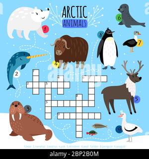 Puzzle de mots croisés arctiques. Jeu de recherche de mots croisés avec des animaux arctiques avec ours polaire et morse, renne et pingouin, illustration vectorielle Illustration de Vecteur