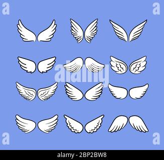 Ensemble d'ailes d'ange de dessin animé. Ailes dessinées à la main isolées sur fond blanc, icônes d'esquisse vectorielles d'oiseaux de bande dessinée ou d'anges Illustration de Vecteur