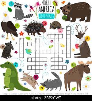 Mot clé animaux. Enfants mots brainteaser avec l'amérique du Nord animal ensemble, recherche de mots puzzle jeu illustration vectorielle Illustration de Vecteur
