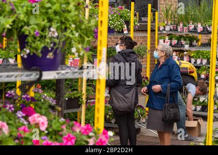 Montréal, CA - 16 mai 2020 deux femmes portent un masque facial pour visiter un marché aux fleurs dans le quartier du plateau. Banque D'Images