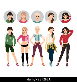 Jeunes femmes en vêtements de sport illustration vectorielle avec avatar icônes ensemble vectoriel Illustration de Vecteur