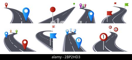 Feuille de route avec broches. Infographie sur la navigation sur les routes goudronnées, itinéraire marqué, direction de la route jeu d'illustrations vectorielles isolées Illustration de Vecteur
