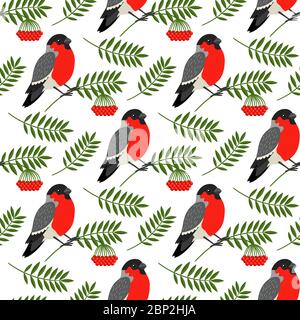 Motif hivernal sans couture avec bullfinch et baies et feuilles de rowan, illustration vectorielle Illustration de Vecteur