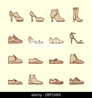 Icônes vectorielles de la ligne de chaussures. Baskets et chaussures pour femme, chaussures emblématiques style vintage Illustration de Vecteur