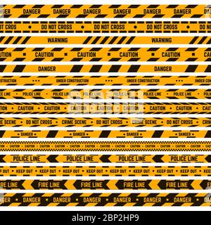 Bordure à bande de mise en garde. Ruban adhésif jaune d'avertissement, ligne de police criminelle, rubans rayés pour danger. Jeu d'illustrations vectorielles de bande de sécurité Illustration de Vecteur