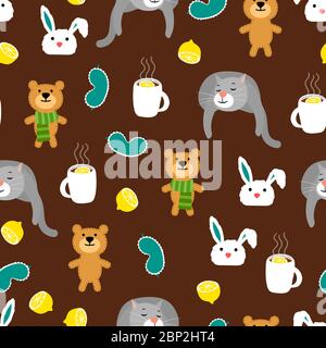 Motif automnal sans coutures confortable avec motif vectoriel d'ours, de chats et de thé Illustration de Vecteur