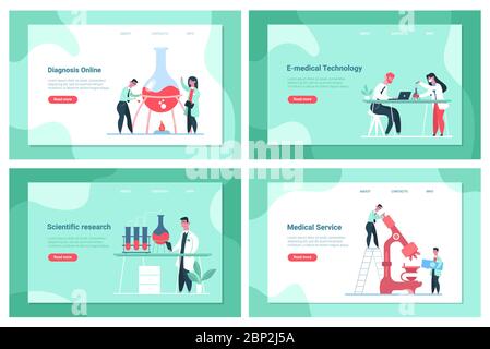 Recherche scientifique en laboratoire. Laboratoire de chimie scientifique chercheurs en blouses de laboratoire, les scientifiques de la clinique de travail concept vecteur page d'accueil modèle Illustration de Vecteur