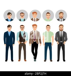 Hommes élégants vêtus de style professionnel classique masculin avec avatar visage icônes ensemble vectoriel Illustration de Vecteur